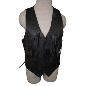 Vintage Black Leather Fringe Biker Vest Men’s M/L — Western Motorcycle Side Lace